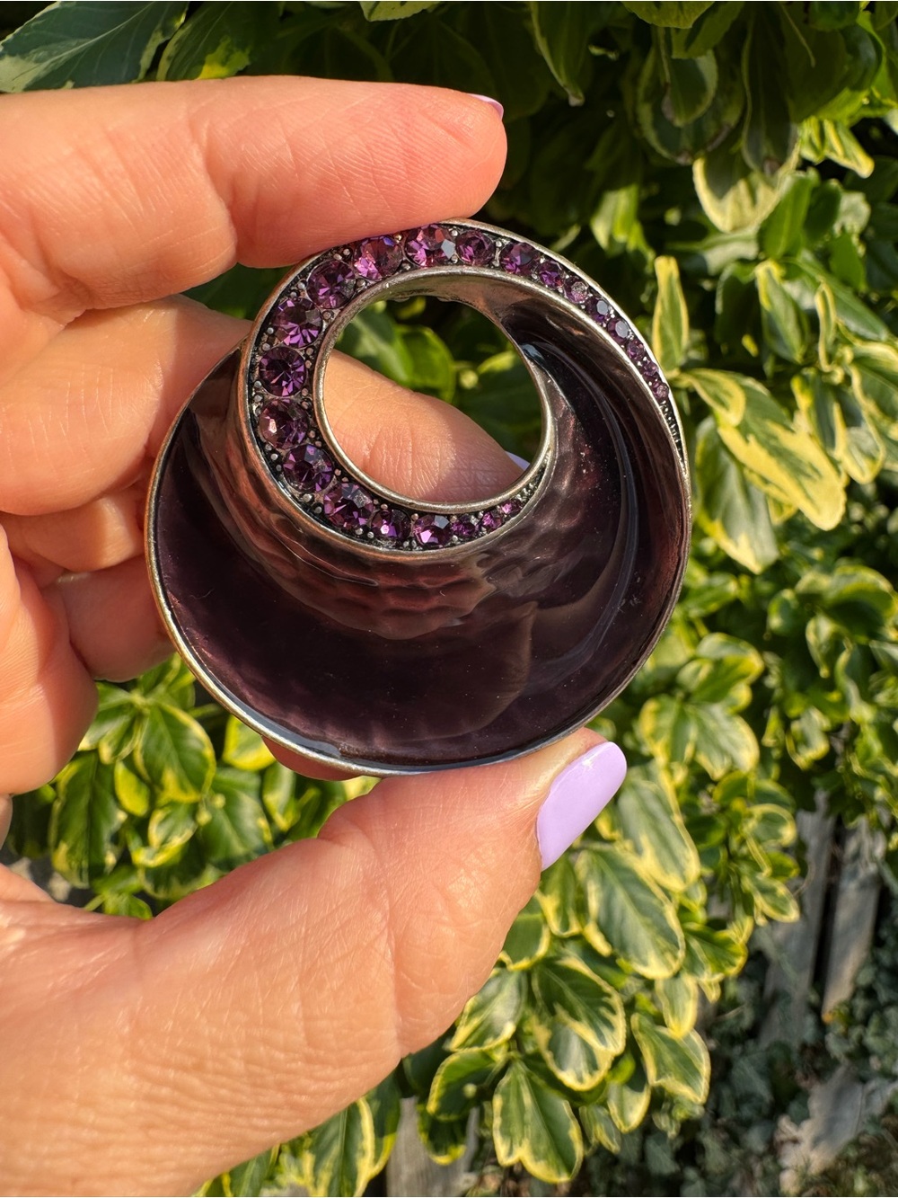 Purple Spiral Enamel Pendant with Rhinestones in Silver Tone